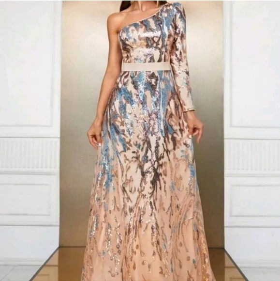 Multicolor,  Graphic Print,  Assymmetrical Neck,  Sequined Mermaid Gown - Picture 2 of 13